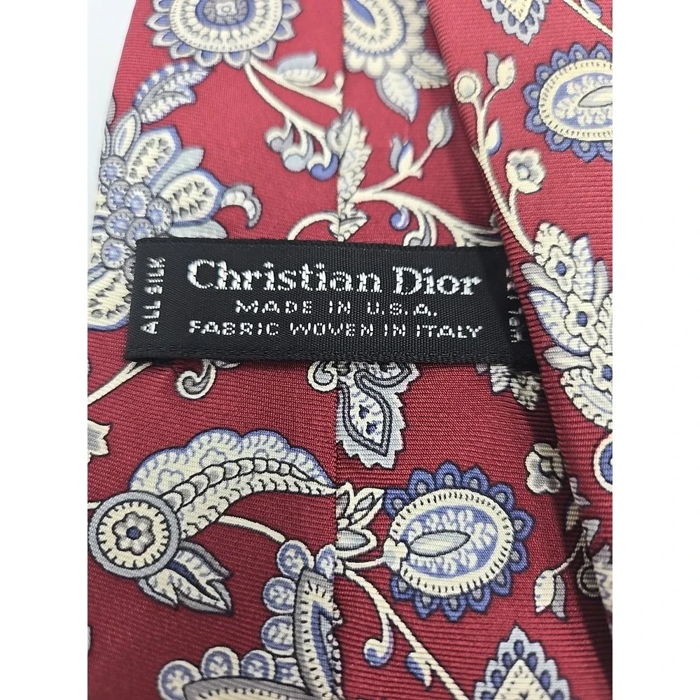Vintage Christian Dior Tie Silk Paisley‎ Floral Maroon And Blue Made in USA